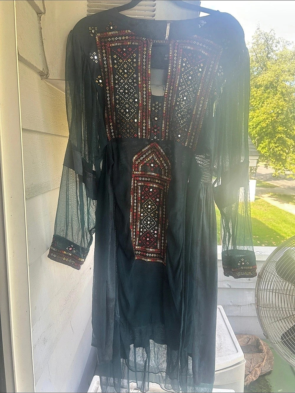 RARE Free People Geometric Embroidered Maxi Dress GREEN & MULTI COLOR XS